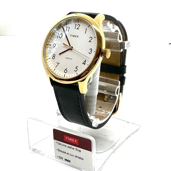 NEW TIMEX MENS GOLD LARGE 40 MM EASY READER ROUND WATCH ON BLACK LEATHER STRAP - Picture 6 of 6